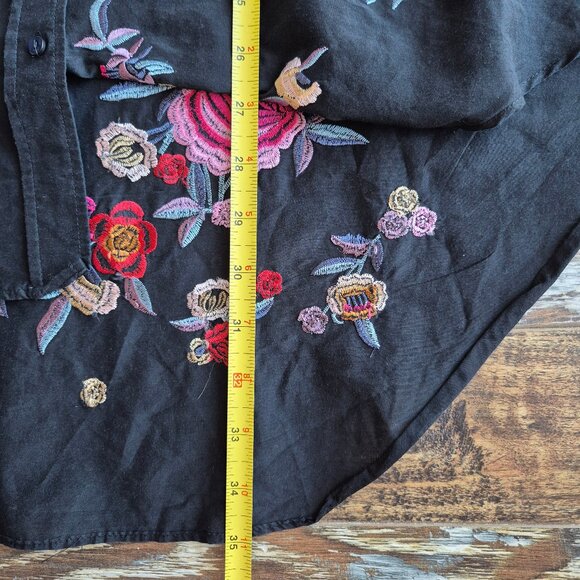 ZARA Floral Embroidered Cotton Silk Oversize Shirt Button Long Sleeve Black - Picture 12 of 13